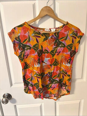 C&C California Floral Short Sleeve Blouse in Orange & Pink Size Medium